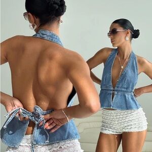 Princess Polly Light Blue Denim Halter Crop Top